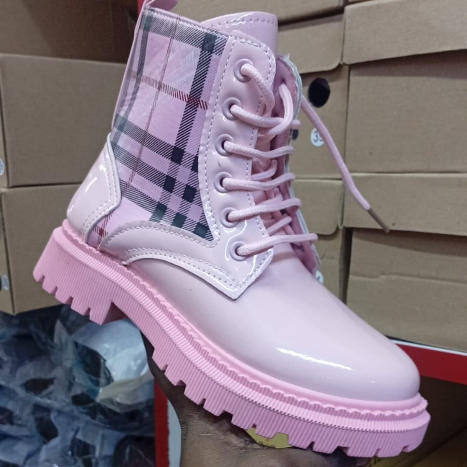 Kids Plaid Panel Patent Leather Combat Boots image 1